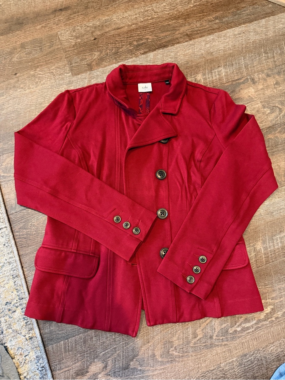 Cabi Red Military Peplum Jacket Size 6 Stretch Knit Asymmetrical Button Front